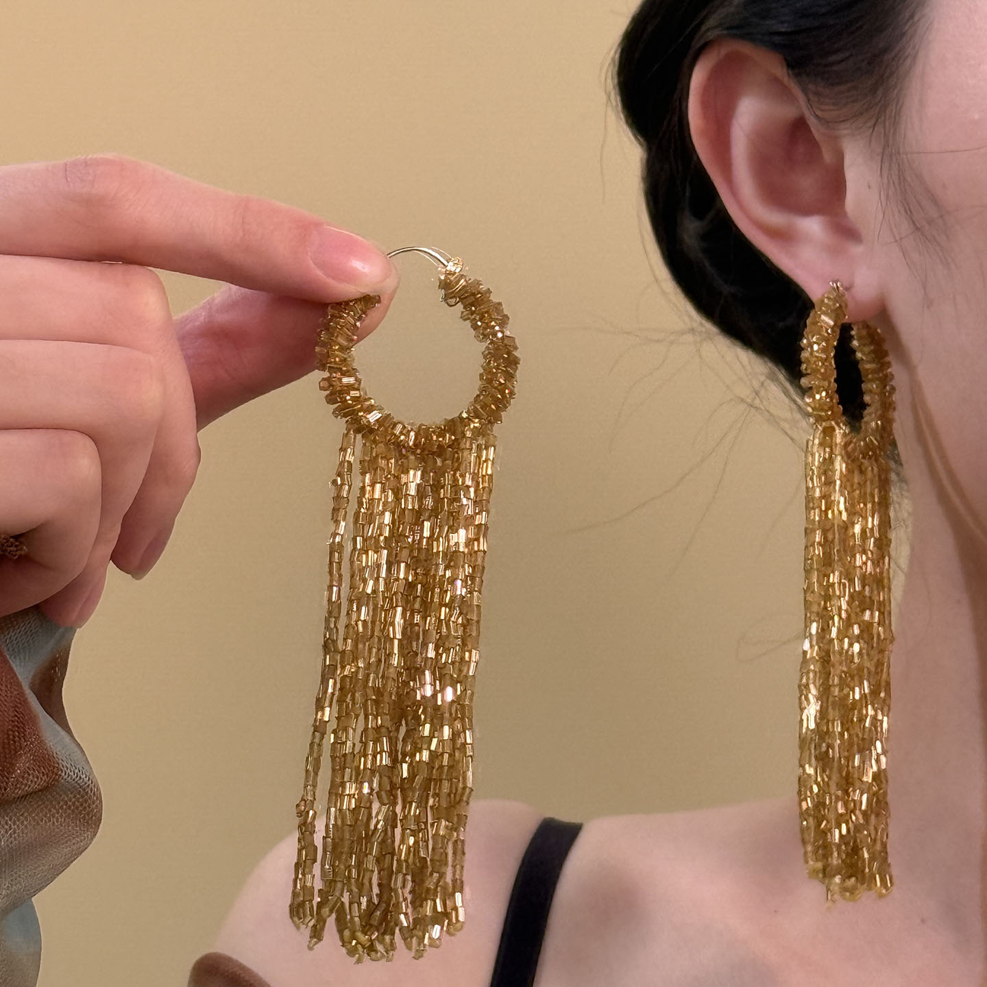 穗穗流年~老钱风复古金色串珠长款流苏气质耳环耳钉2025超火耳饰