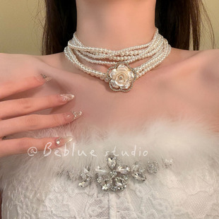 玛丽莲梦露~法式复古多层叠戴山茶花朵珍珠项链女秋冬气质毛衣链