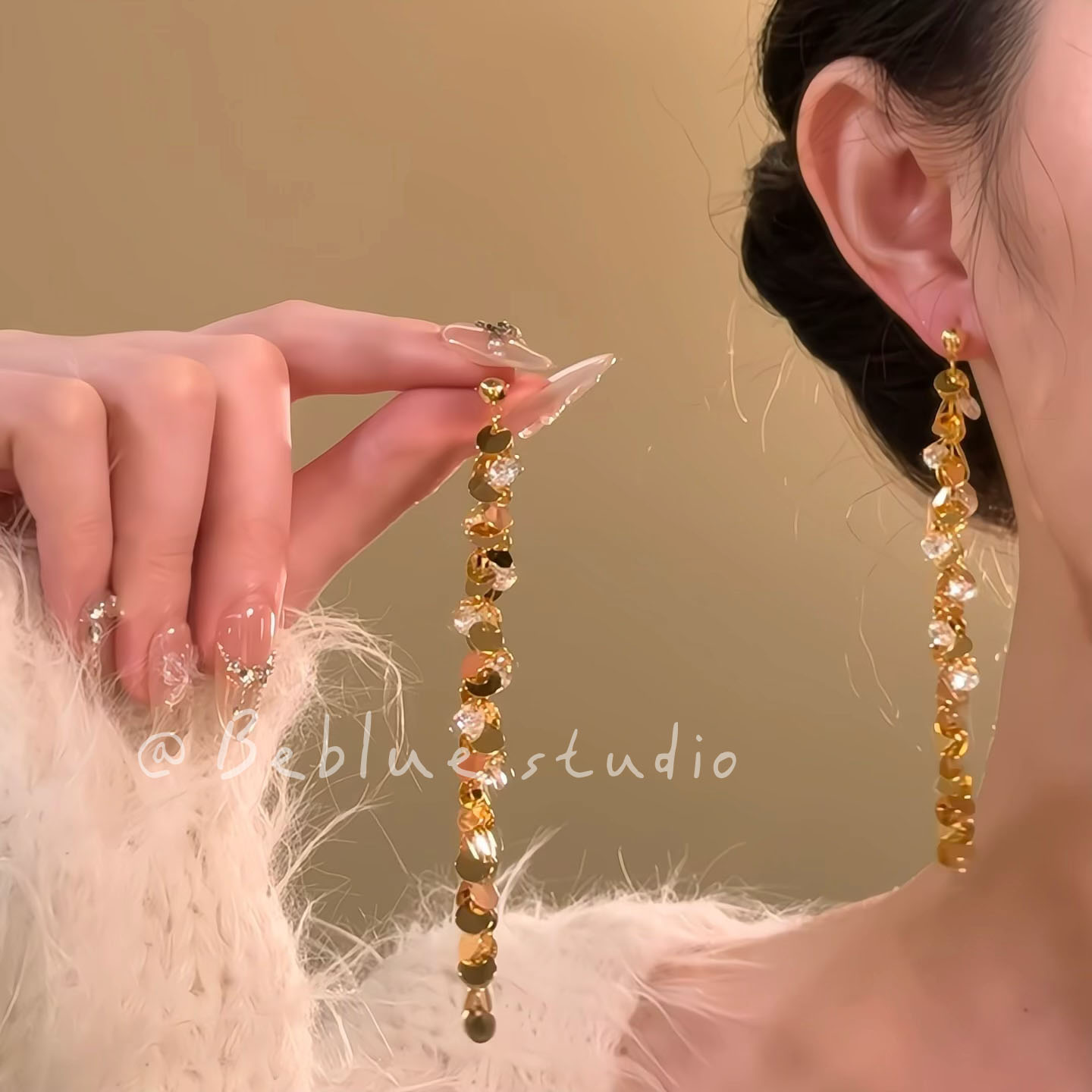 金河荡漾~金色长流苏亮片闪锆耳钉夸张独特绝美耳饰气质小众耳环