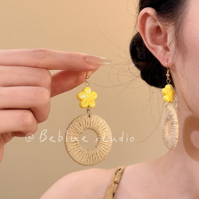 花岛假日~波西米亚民族风黄色花朵藤编耳环女海边度假风绝美耳饰