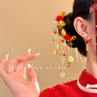 万贯加财~秋冬元宝铜钱流苏金色发夹女拜年红色发饰2026新款头饰