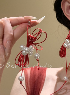 情丝绾梦~甜美红色丝带蝴蝶结珍珠耳钉夸张独特气质耳环新娘耳饰