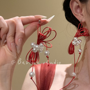 情丝绾梦~甜美红色丝带蝴蝶结珍珠耳钉夸张独特气质耳环新娘耳饰