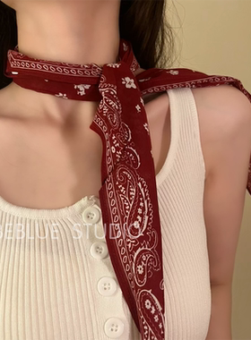 复古安可拉红色腰果花港风系脖子飘带丝巾女款高级感腰带三角领巾