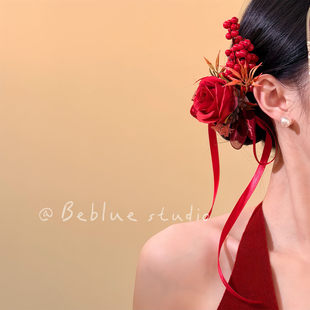 玫馥花集~氛围感红色蝴蝶结花朵发夹女侧边夹复古新中式新娘头花