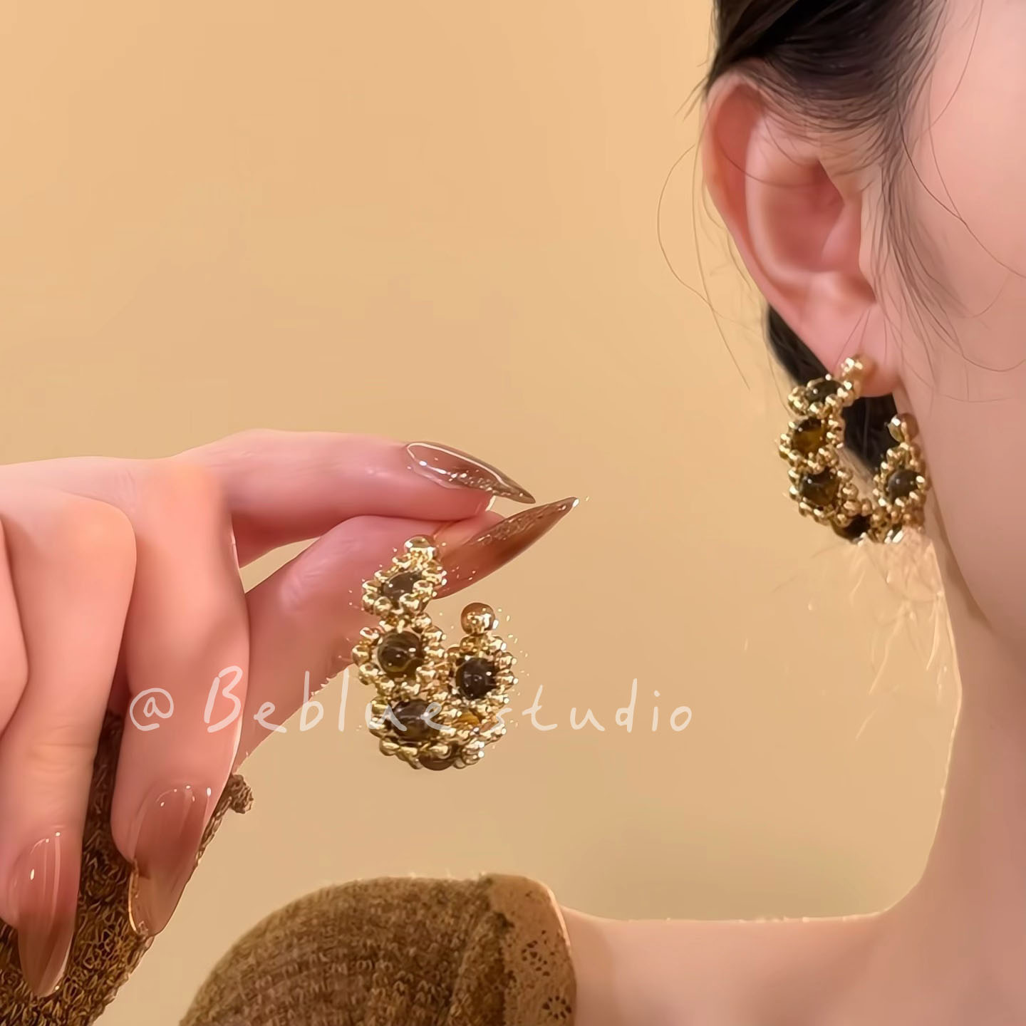璀璨芳华~复古虎眼石金珠C形耳圈高级感轻奢耳饰独特小众耳钉耳环