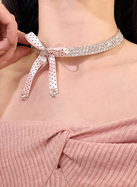 初恋序章~超仙闪锆蝴蝶结流苏珍珠项链女宴会礼服锁骨链choker