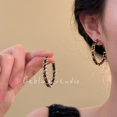 暗夜金辉~黑色皮革金边耳圈高级感甜酷时尚耳钉辣妹气质耳环耳饰