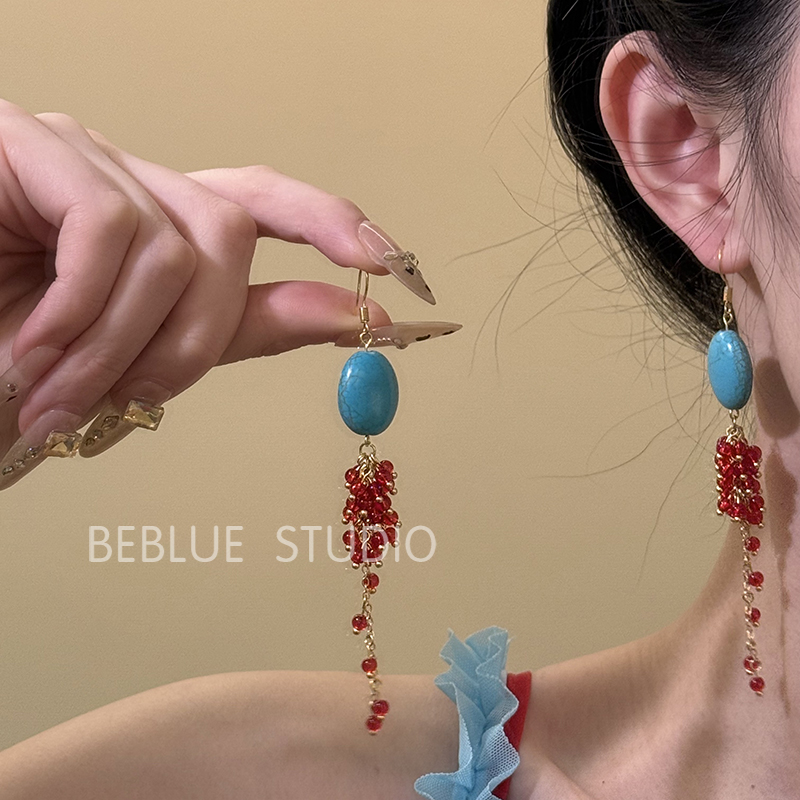 南坪晚风~松石绿红色葡萄串耳钉小众设计民族风流苏耳环度假耳饰