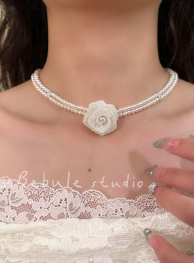 洁花香妮~蔷薇珍珠项链女甜美花朵双层叠戴锁骨链百搭设计感颈链