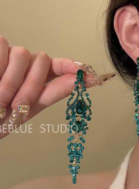 复古法式宫廷风耳钉绿色锆石流苏耳环长款气质时尚耳饰无耳洞耳夹