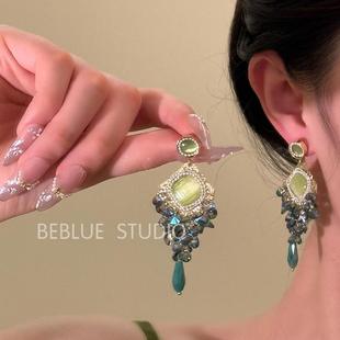 期期漫漫~绿色猫眼石流苏耳环耳钉女复古宫廷风气质耳坠夸张耳饰