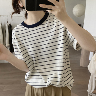 套头短袖 条纹针织衫 宽松显瘦简约圆领基础款 t恤女春夏季 上衣 新款