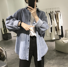 中长款 上衣 长袖 外套女士春秋季 牛仔衬衫 宽松显瘦口袋开叉复古韩版