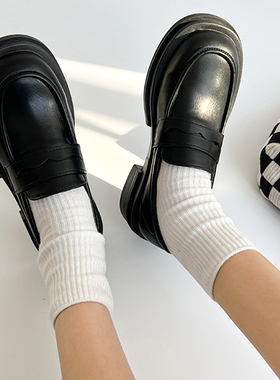 搭配乐福鞋的袜子女中筒春秋季纯棉玛丽珍鞋白色长袜jk黑色堆堆袜