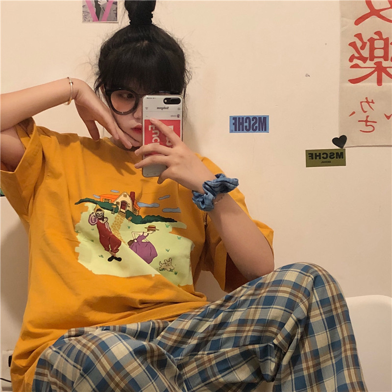 Real price cartoon print round neck loose short sleeve T-shirt + Plaid leisure wide leg pants suit