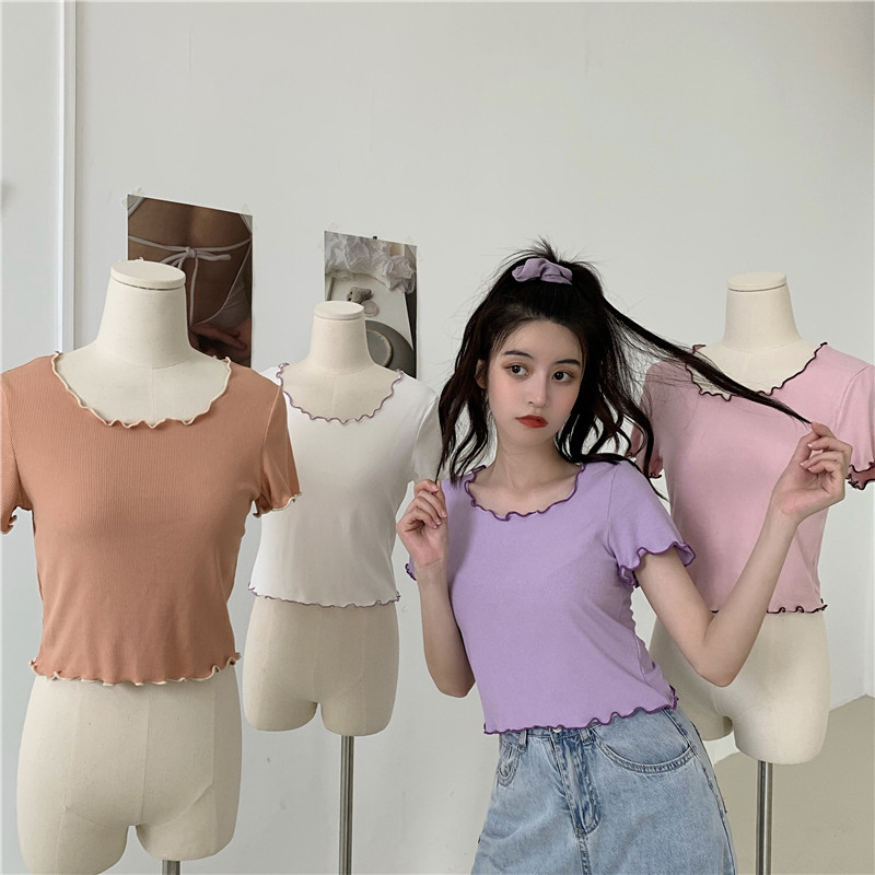 Real photo real price solid color foundation candy color short sleeve slim fit sleeve head color contrast curling short T-shirt