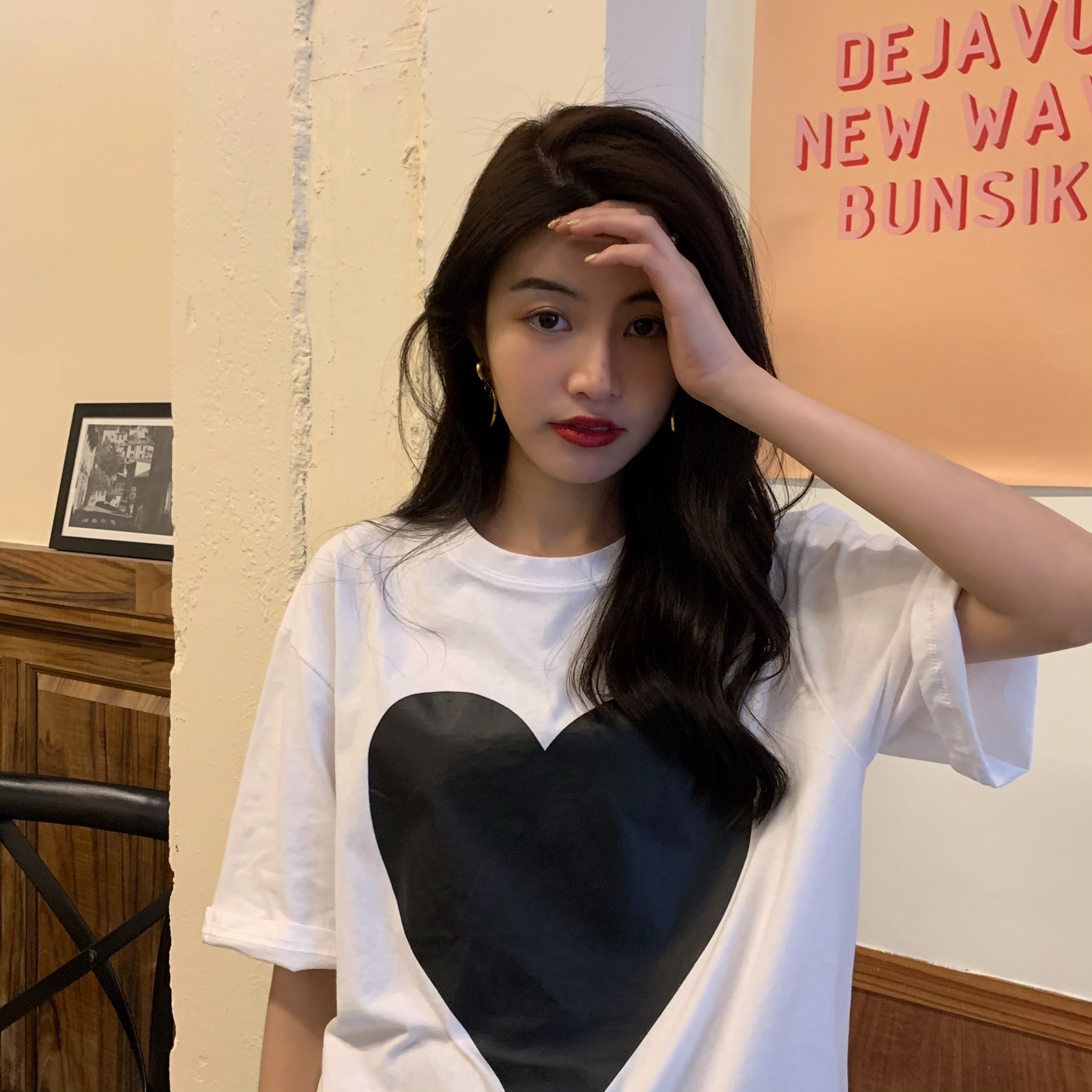 Real price spade heart big love printing loose lazy medium long short sleeve T-shirt