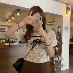 Real price Square Neck Lace short top lace up short sleeve top