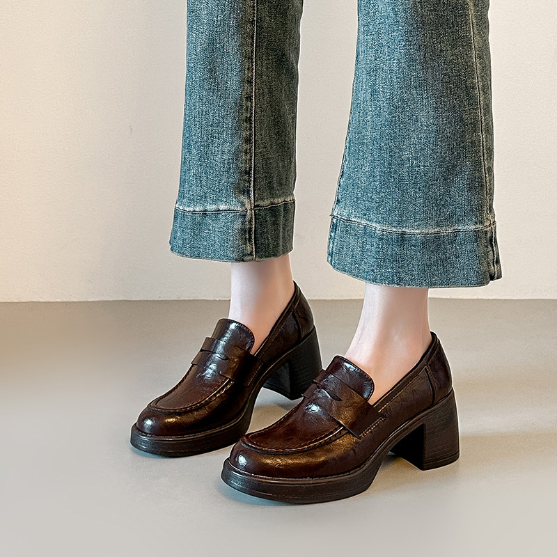2026年新款复古风圆头乐福鞋女粗跟一脚蹬小皮鞋百搭通勤高跟单鞋,女鞋,浅口单鞋,淘宝优惠券,粉丝福利购,淘宝优惠卷