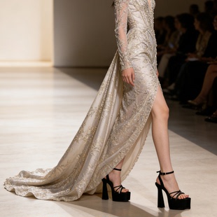 华丽风一字带粗跟凉鞋女露趾方头亮片晚宴配礼服模特走秀超高跟鞋