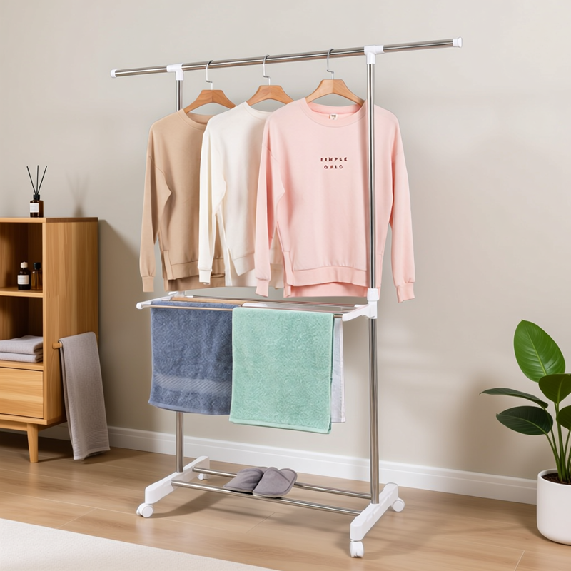折叠不锈钢单杆移动带毛巾层架