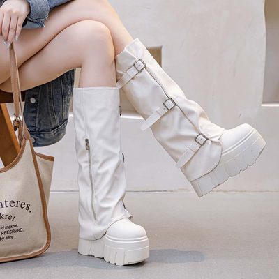 小个子内增高长筒靴14CM坡跟超高跟鞋防水台松糕厚底真皮扣带女靴