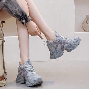 10CM坡跟小个子老爹鞋厚底松糕鞋内增高休闲运动风超高跟真皮女鞋