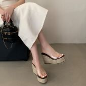 草编厚底拖鞋 防水台透明高跟鞋 女夏季 小个子鱼嘴增高10CM坡跟凉鞋