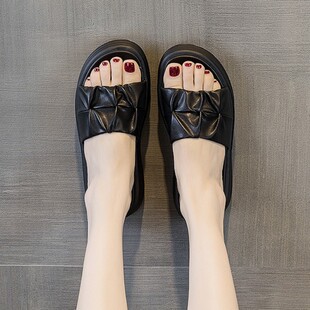 6CM坡跟高跟凉鞋女2024年新款夏季百搭时尚网红外穿真皮厚底拖鞋