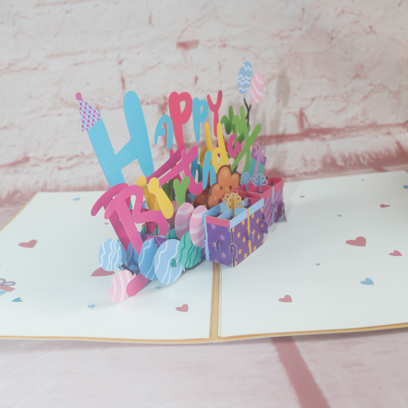儿童生日祝福英文印刷祝福语3D立体贺卡纸雕镂空礼盒蛋糕卡片海磊