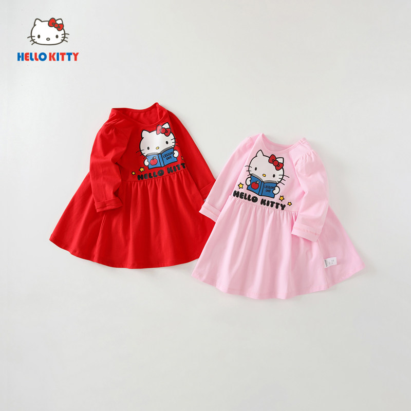 Hello Kitty童装女童春季新款长袖连衣裙可爱圆领公主百褶裙