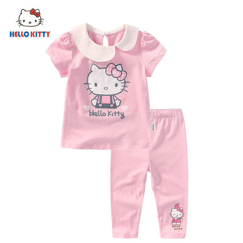 Hello Kitty童装女童夏季短袖套装圆领短袖上衣七分裤两件套