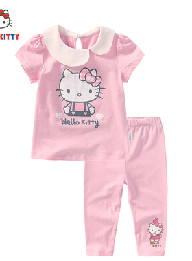 Hello Kitty童装女童夏季短袖套装圆领短袖上衣七分裤两件套