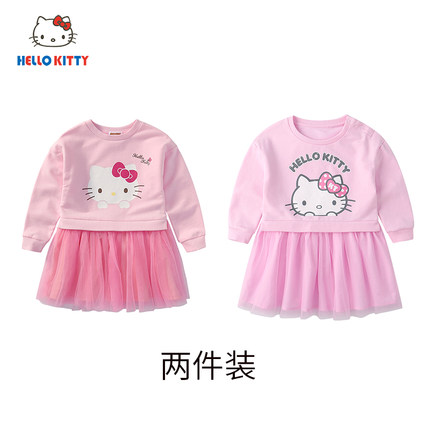 Hello Kitty童装女童秋冬款新品可爱百搭网纱棉质公主裙两件装