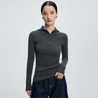 一线成衣山羊绒帽衫女修身毛衣纯色拉链连帽上衣无缝针织打底卫衣