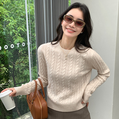 圆领加厚纯色山羊绒衫女宽松套头毛衣麻花上衣针织羊毛内搭打底衫