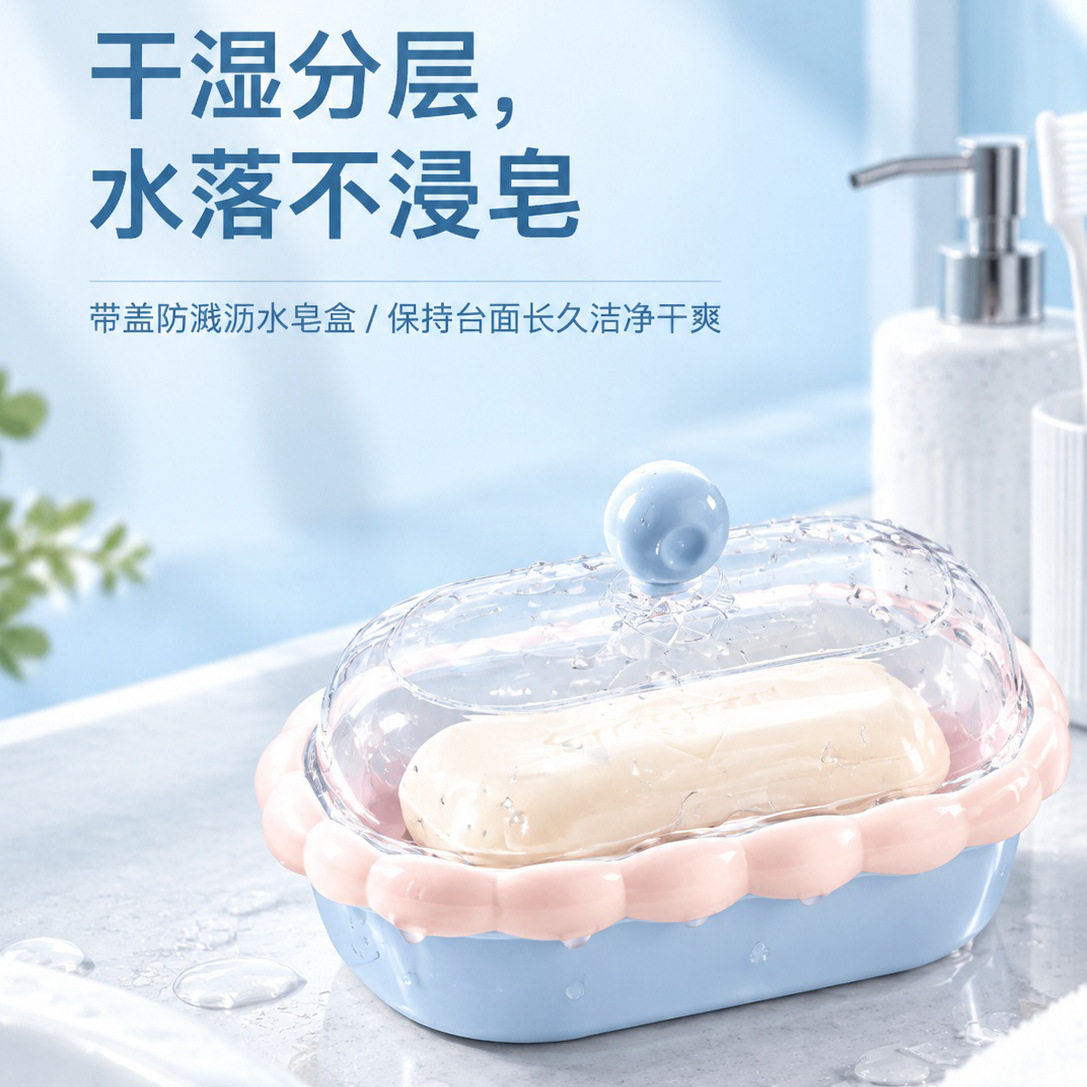 肥皂盒带沥水盒家用卫生间带盖双层浴室置物架免打孔少女心肥皂盒