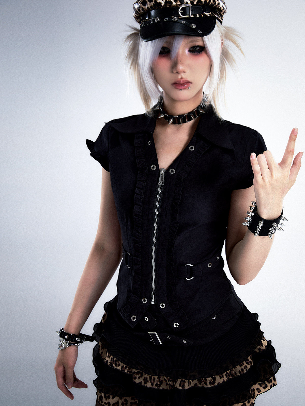 thumbnail for Lost back garden light asian punk vintage cinched waist cropped black fungus trimmed tank top blouse blouse