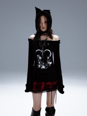 失落后花园原创复古修身气质辣妹一字领上衣喇叭袖印花带帽针织衫