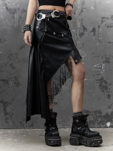 失落后花园原创暗黑朋克摇滚机车不对称皮裙拼纱金属PU皮革半身裙