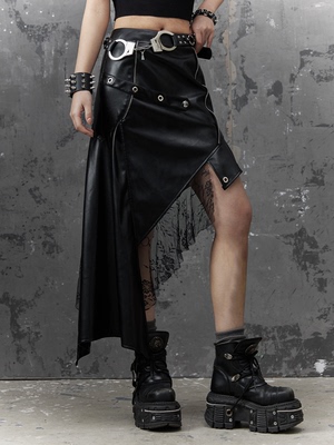 失落后花园原创暗黑朋克摇滚机车不对称皮裙拼纱金属PU皮革半身裙
