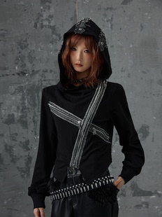 失落后花园暗黑朋克十字架斜门襟帽连帽打底衫上衣女长袖针织衫