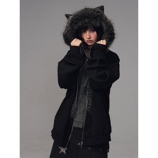 失落后花园轻亚猫耳豹纹星星可拆卸毛领秋冬宽松加绒连帽卫衣外套