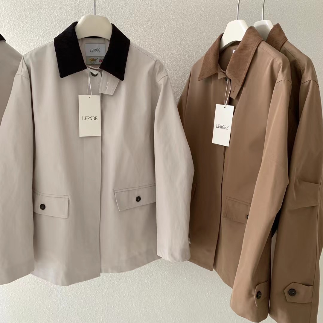 现~韩国  lerobe 美娜拼色风衣短款小个子风衣外套日本进口翻领