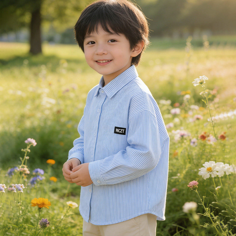 儿童衬衫春夏新款男童休闲外套条纹衬衣学生女童日常百搭上衣宽松