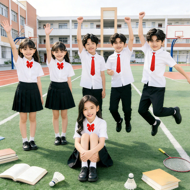 儿童白衬衫短袖黑裤男童六一表演服女童百褶裙小学生毕业照运动会