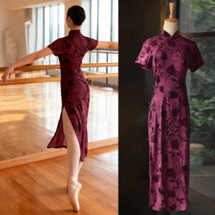 大弹力扎染丝绒旗袍少女学生舞蹈演出话剧老上海韵味日常气质长款