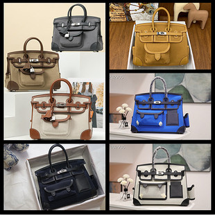 裴格H家全手缝蜡线cargo帆布铂金包25-35cm原版帆布拼牛皮多颜色