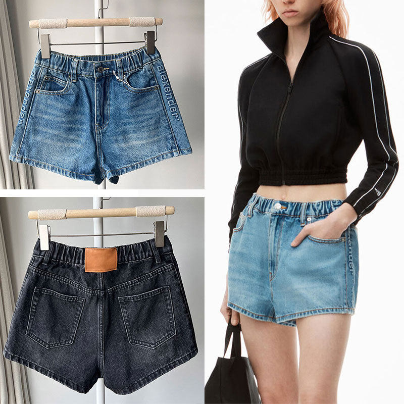 夏季大王松紧腰胶印字母巨好看的新型牛仔短裤女高腰宽松显瘦A字